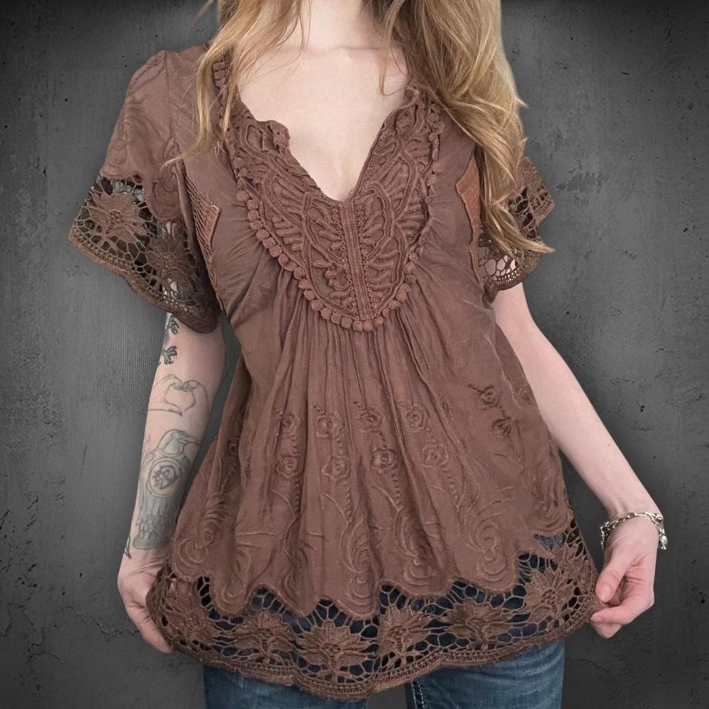 Vintage Studio F Cocoa Brown Floral Lace Embroidered Babydoll Peasant Blouse